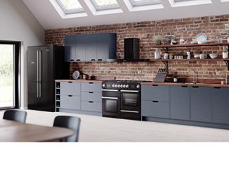 Falcon Nexus Steam in Black with gas hob and surrounded by navy cabinets