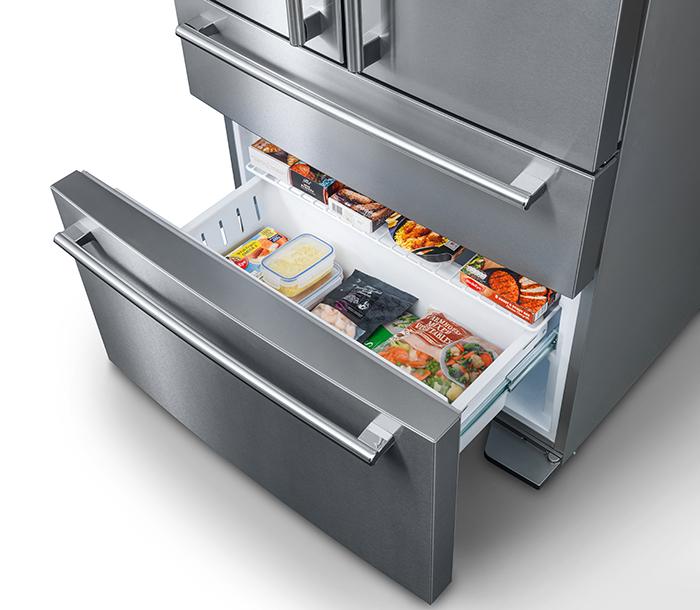 Open freezer draw on the DxD Refrigerator in Stainless Steel